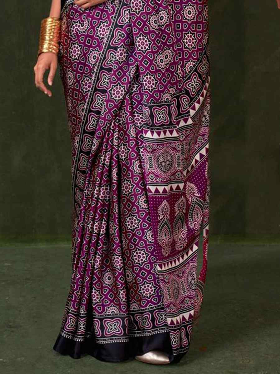 Multi Satin Crape With Modern Touch Ajrakh Print Festival Wedding Fancy Heavy Border Saree