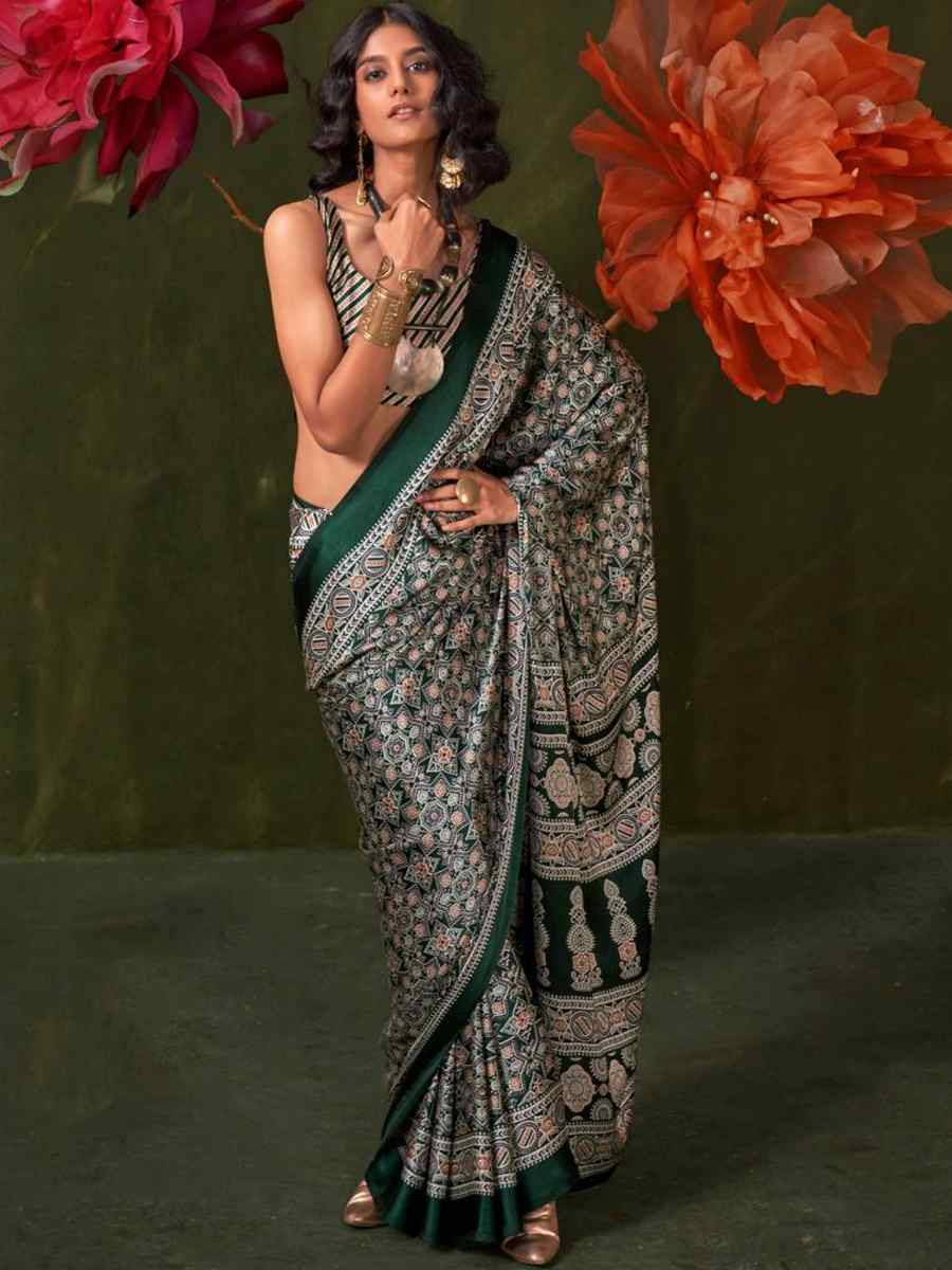 Multi Satin Crape With Modern Touch Ajrakh Print Festival Wedding Fancy Heavy Border Saree