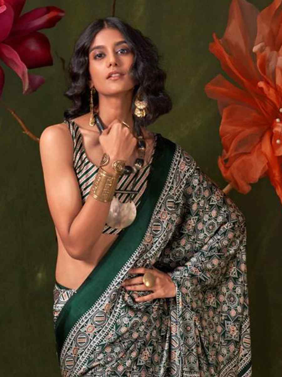 Multi Satin Crape With Modern Touch Ajrakh Print Festival Wedding Fancy Heavy Border Saree