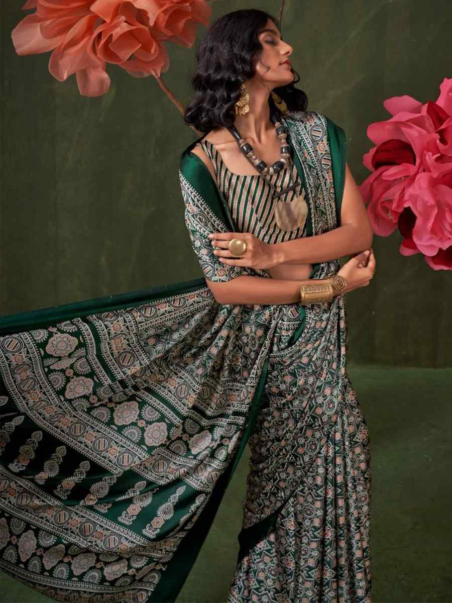 Multi Satin Crape With Modern Touch Ajrakh Print Festival Wedding Fancy Heavy Border Saree