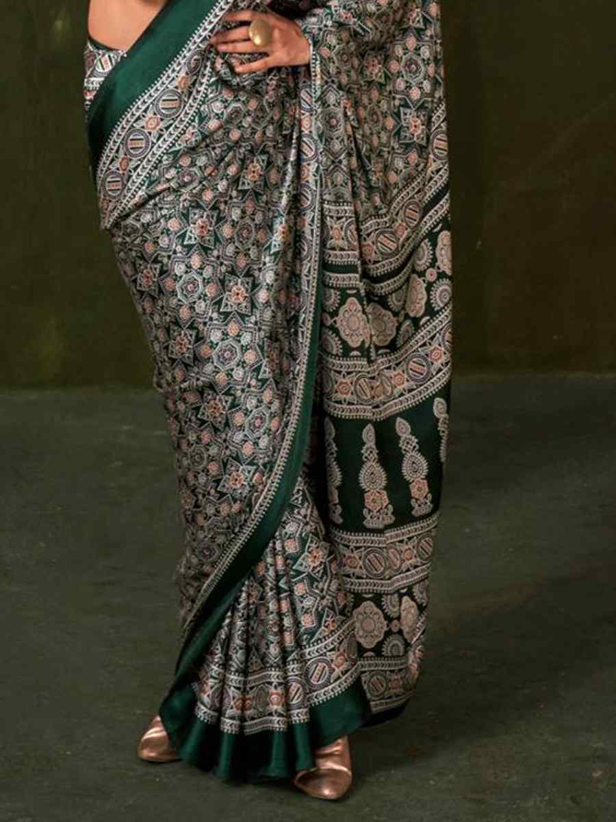 Multi Satin Crape With Modern Touch Ajrakh Print Festival Wedding Fancy Heavy Border Saree