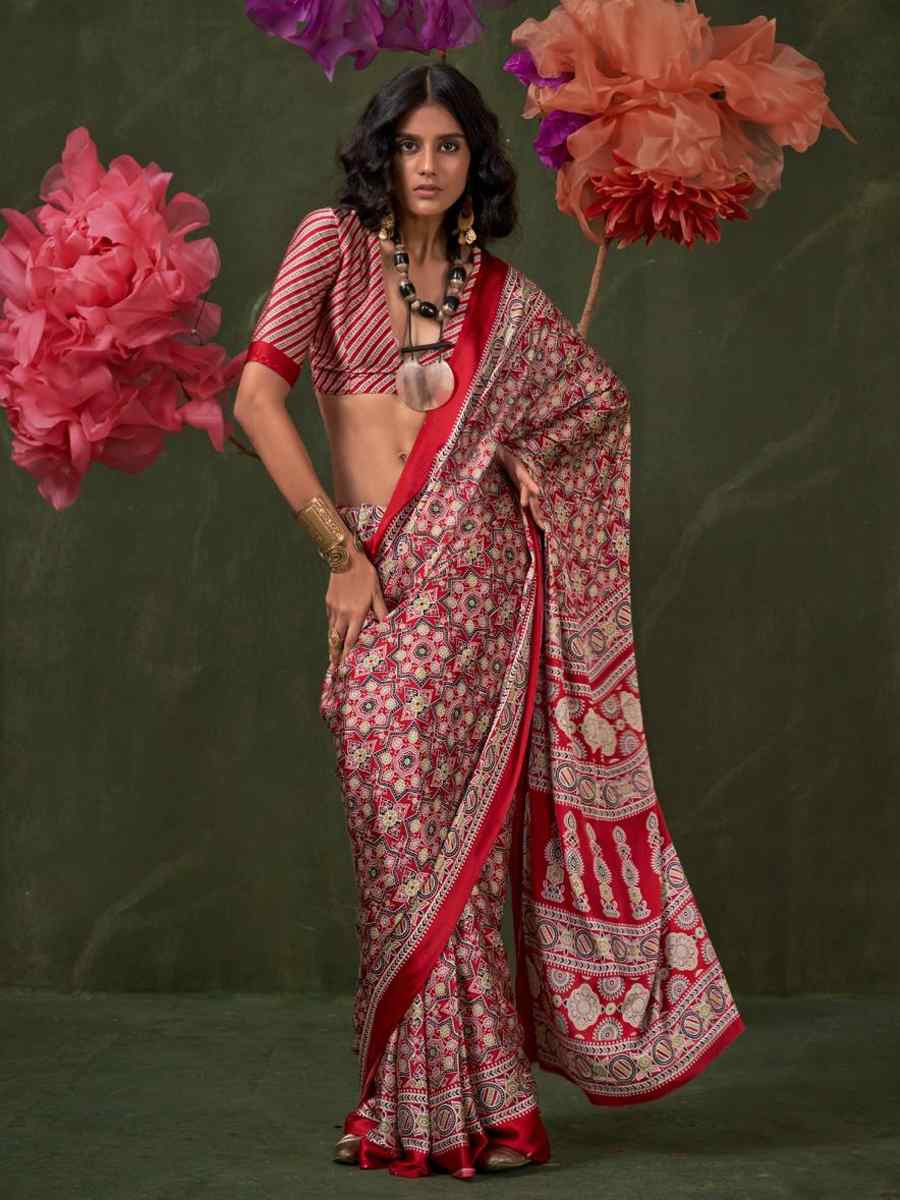 Multi Satin Crape With Modern Touch Ajrakh Print Festival Wedding Fancy Heavy Border Saree