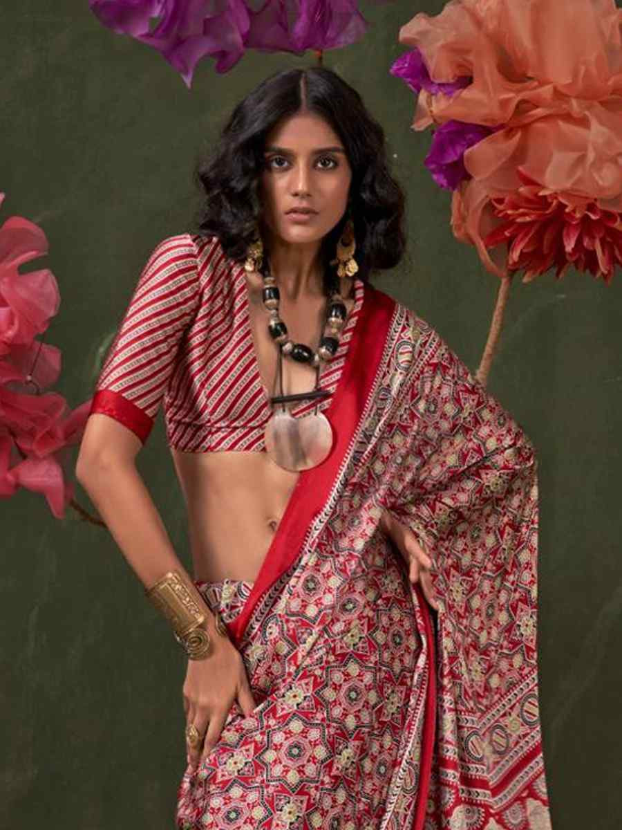 Multi Satin Crape With Modern Touch Ajrakh Print Festival Wedding Fancy Heavy Border Saree