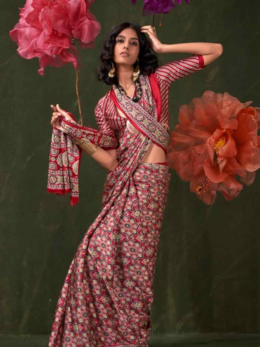 Multi Satin Crape With Modern Touch Ajrakh Print Festival Wedding Fancy Heavy Border Saree