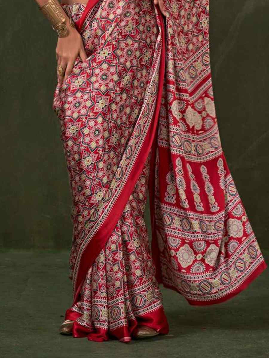 Multi Satin Crape With Modern Touch Ajrakh Print Festival Wedding Fancy Heavy Border Saree