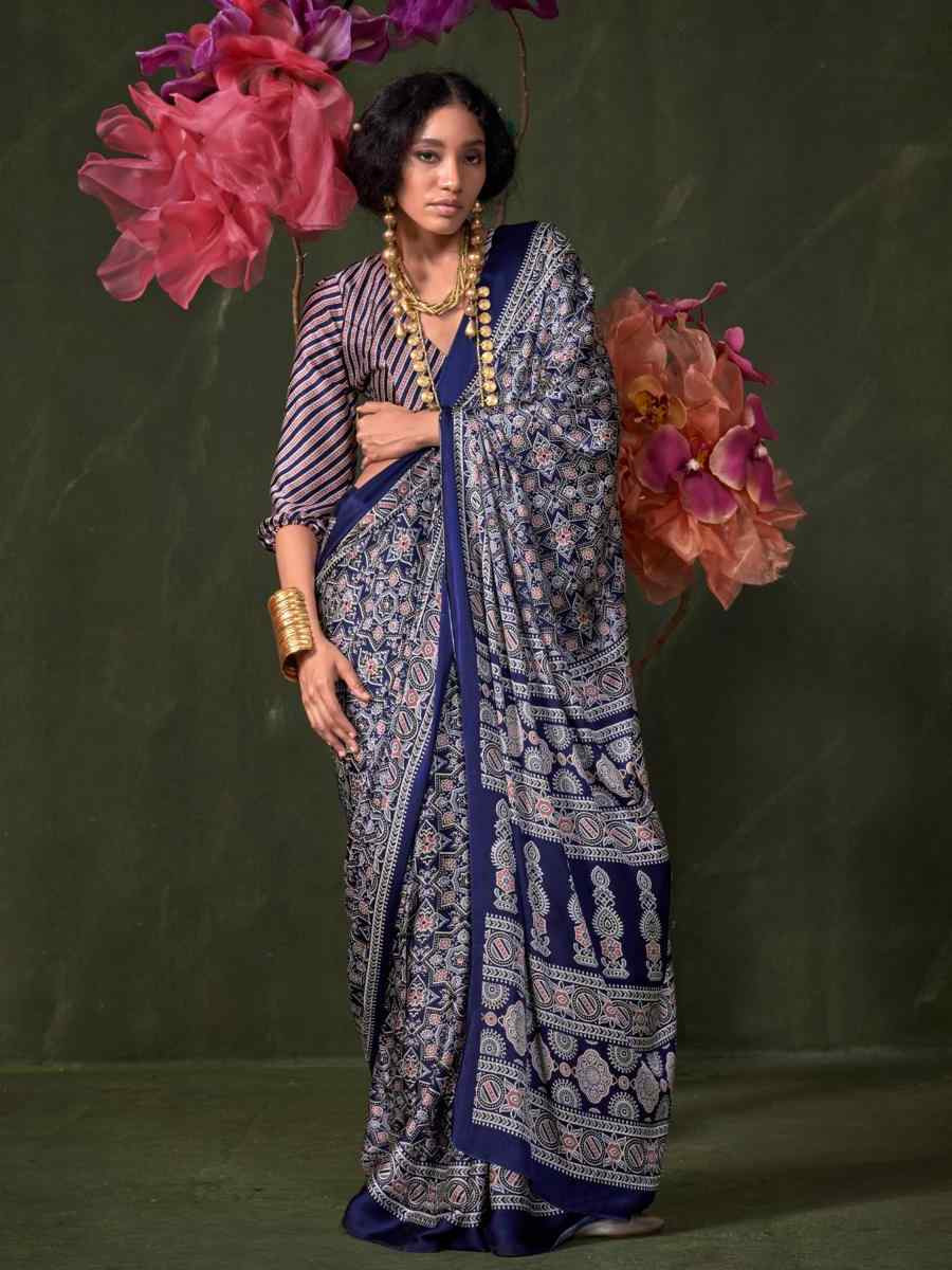 Multi Satin Crape With Modern Touch Ajrakh Print Festival Wedding Fancy Heavy Border Saree