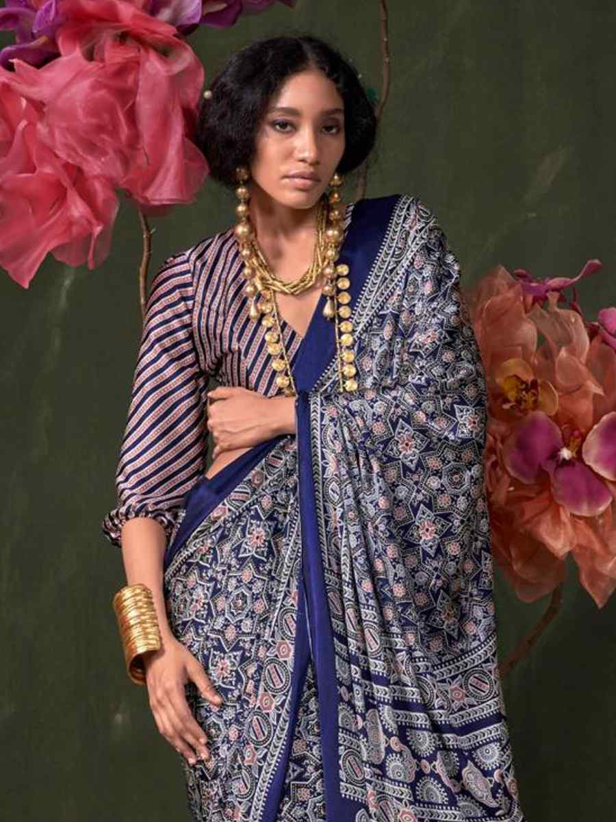 Multi Satin Crape With Modern Touch Ajrakh Print Festival Wedding Fancy Heavy Border Saree
