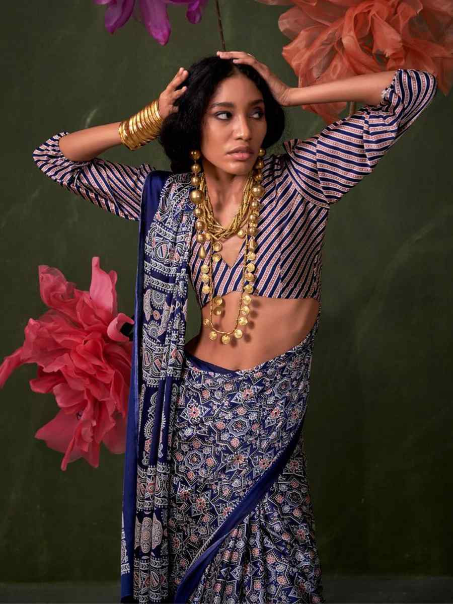 Multi Satin Crape With Modern Touch Ajrakh Print Festival Wedding Fancy Heavy Border Saree