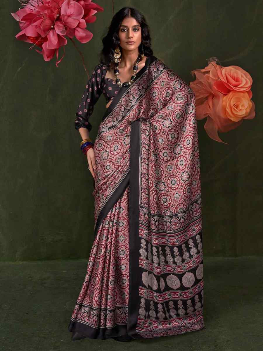 Multi Satin Crape With Modern Touch Ajrakh Print Festival Wedding Fancy Heavy Border Saree