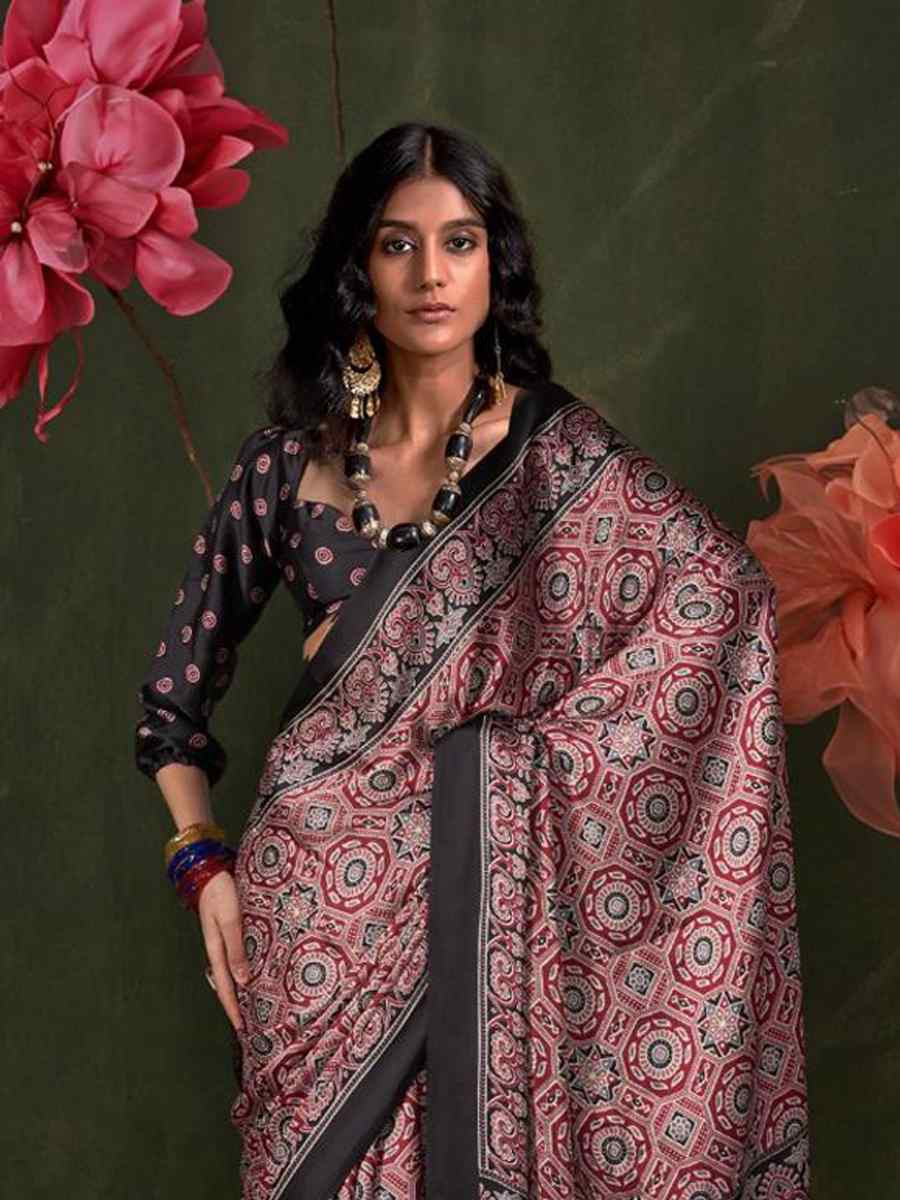 Multi Satin Crape With Modern Touch Ajrakh Print Festival Wedding Fancy Heavy Border Saree