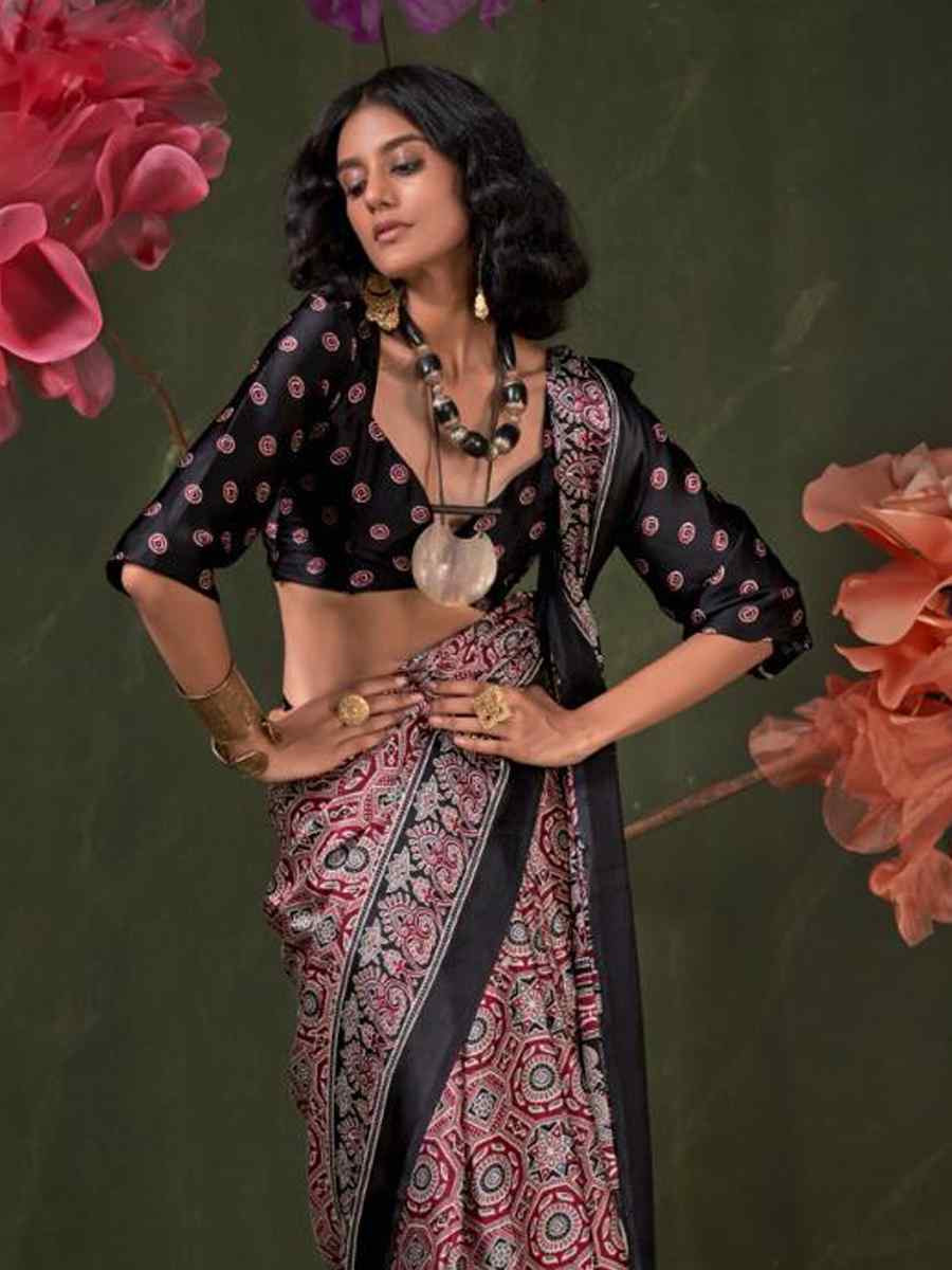 Multi Satin Crape With Modern Touch Ajrakh Print Festival Wedding Fancy Heavy Border Saree