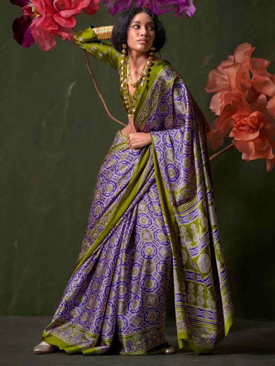 Multi Satin Crape With Modern Touch Ajrakh Print Festival Wedding Fancy Heavy Border Saree