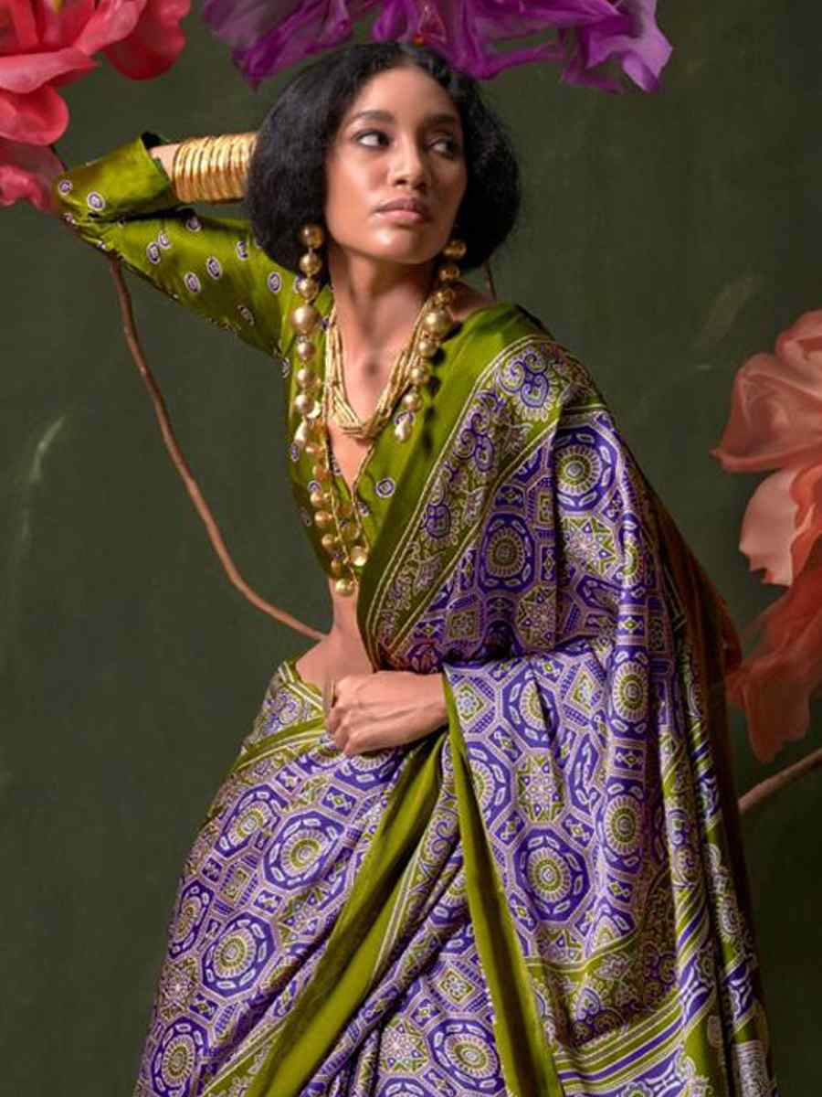 Multi Satin Crape With Modern Touch Ajrakh Print Festival Wedding Fancy Heavy Border Saree