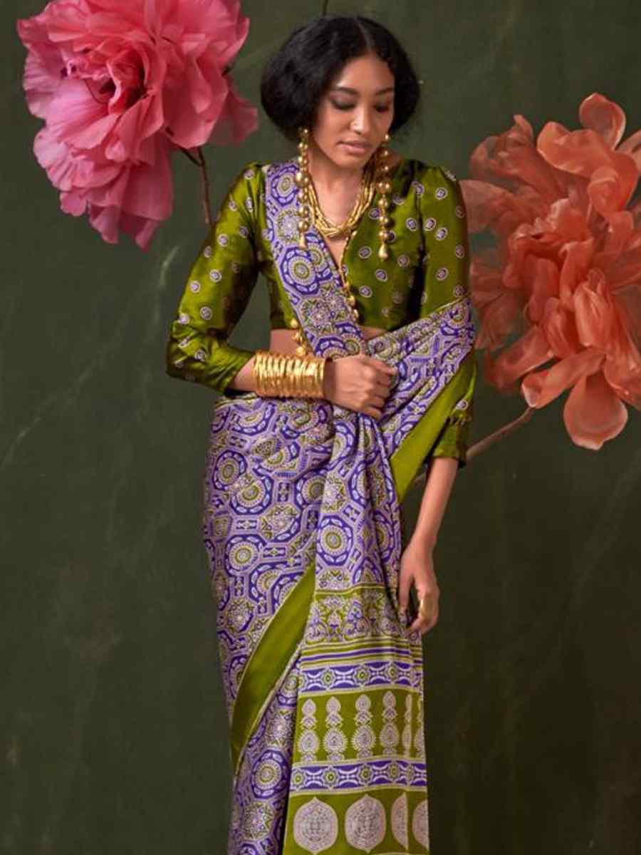 Multi Satin Crape With Modern Touch Ajrakh Print Festival Wedding Fancy Heavy Border Saree