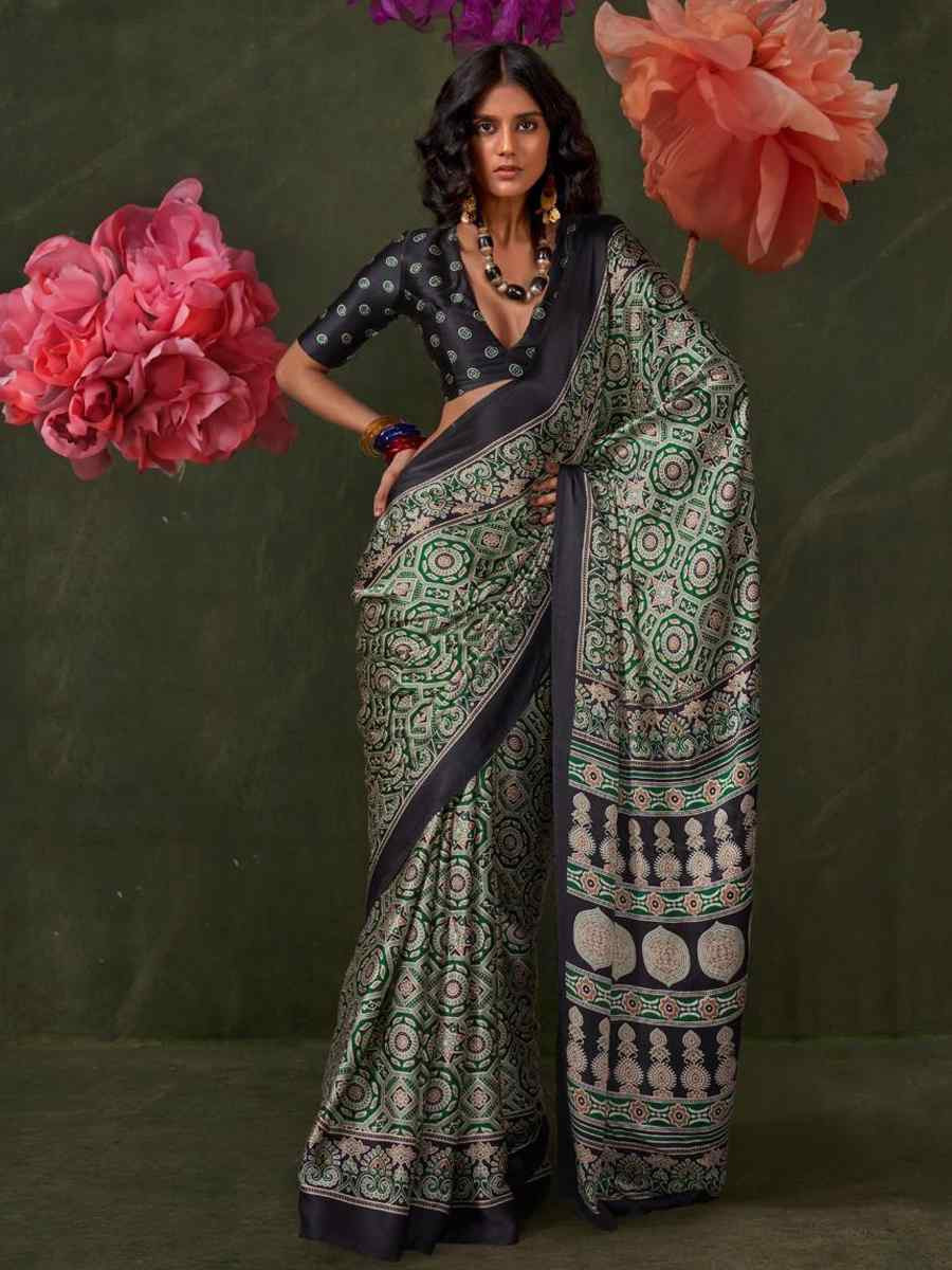 Multi Satin Crape With Modern Touch Ajrakh Print Festival Wedding Fancy Heavy Border Saree