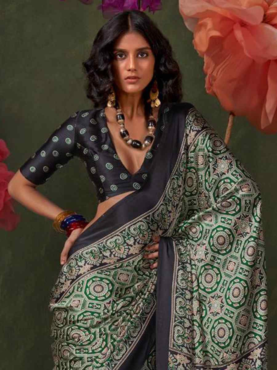Multi Satin Crape With Modern Touch Ajrakh Print Festival Wedding Fancy Heavy Border Saree