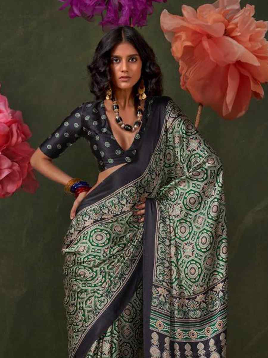 Multi Satin Crape With Modern Touch Ajrakh Print Festival Wedding Fancy Heavy Border Saree