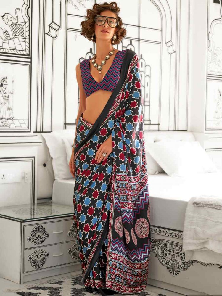 Multi Satin Crepe Printed Festival Casual Contemporary Saree