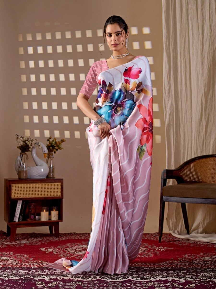 Multi Satin Georgette Printed Wedding Reception Party Festival Casual Heavy Border Sarees