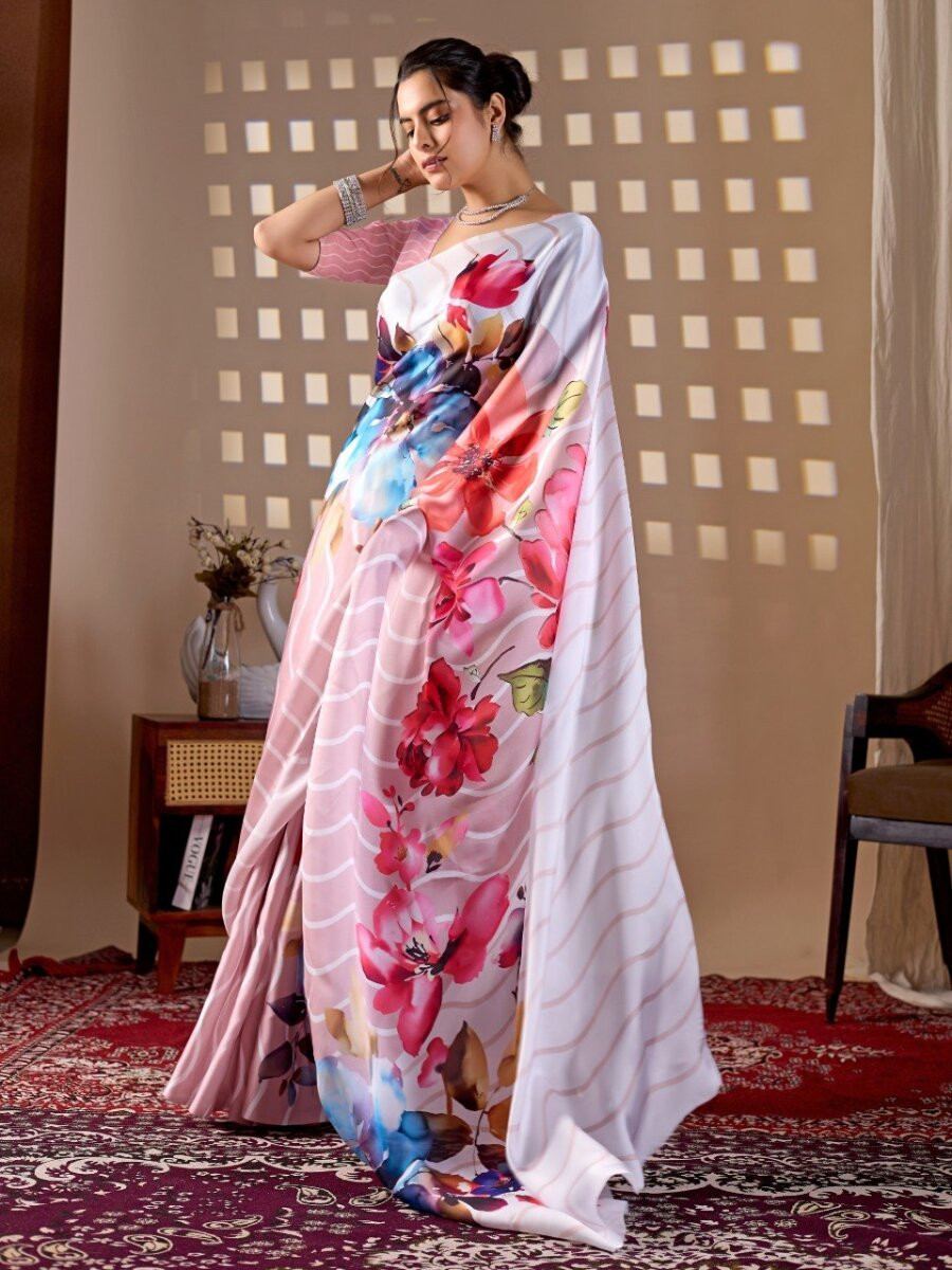 Multi Satin Georgette Printed Wedding Reception Party Festival Casual Heavy Border Sarees