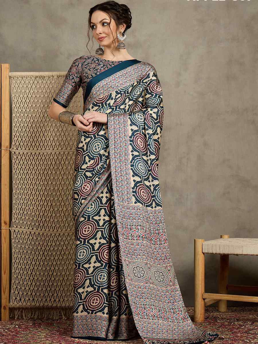 Multi Satin Printed Festival Wedding Fancy Heavy Border Saree