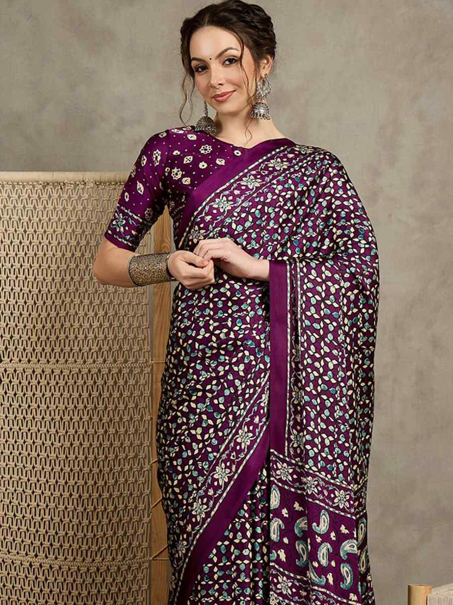 Multi Satin Printed Festival Wedding Fancy Heavy Border Saree