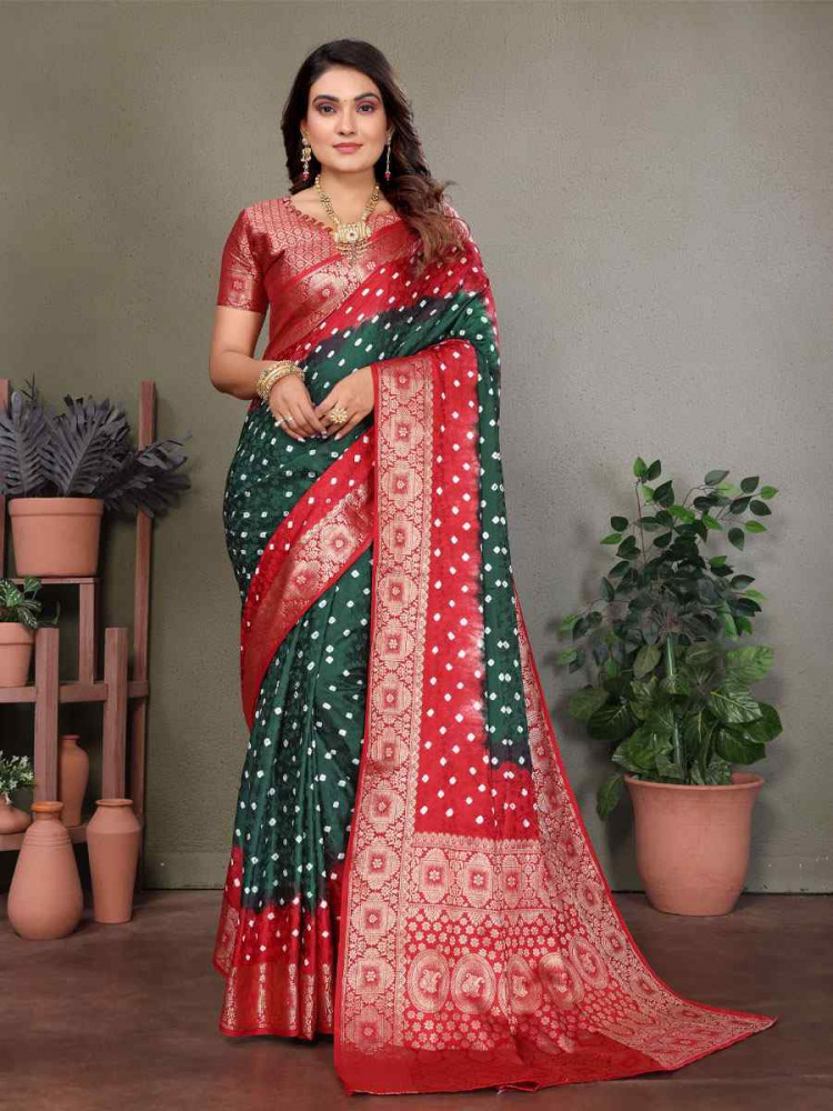 Image of Multi Satin Silk Bhandej Zari Handwoven Casual Reception Festival Wedding Fancy Classic Style Sarees
