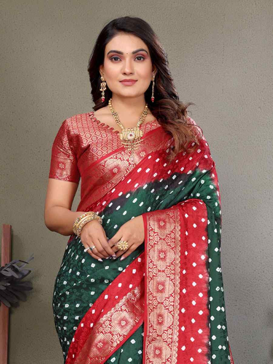 Multi Satin Silk Bhandej Zari Handwoven Casual Reception Festival Wedding Fancy Classic Style Sarees