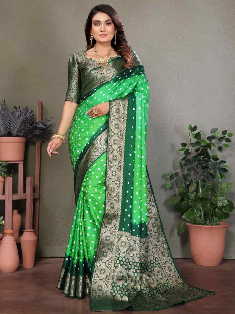 Image of Multi Satin Silk Bhandej Zari Handwoven Casual Reception Festival Wedding Fancy Classic Style Sarees