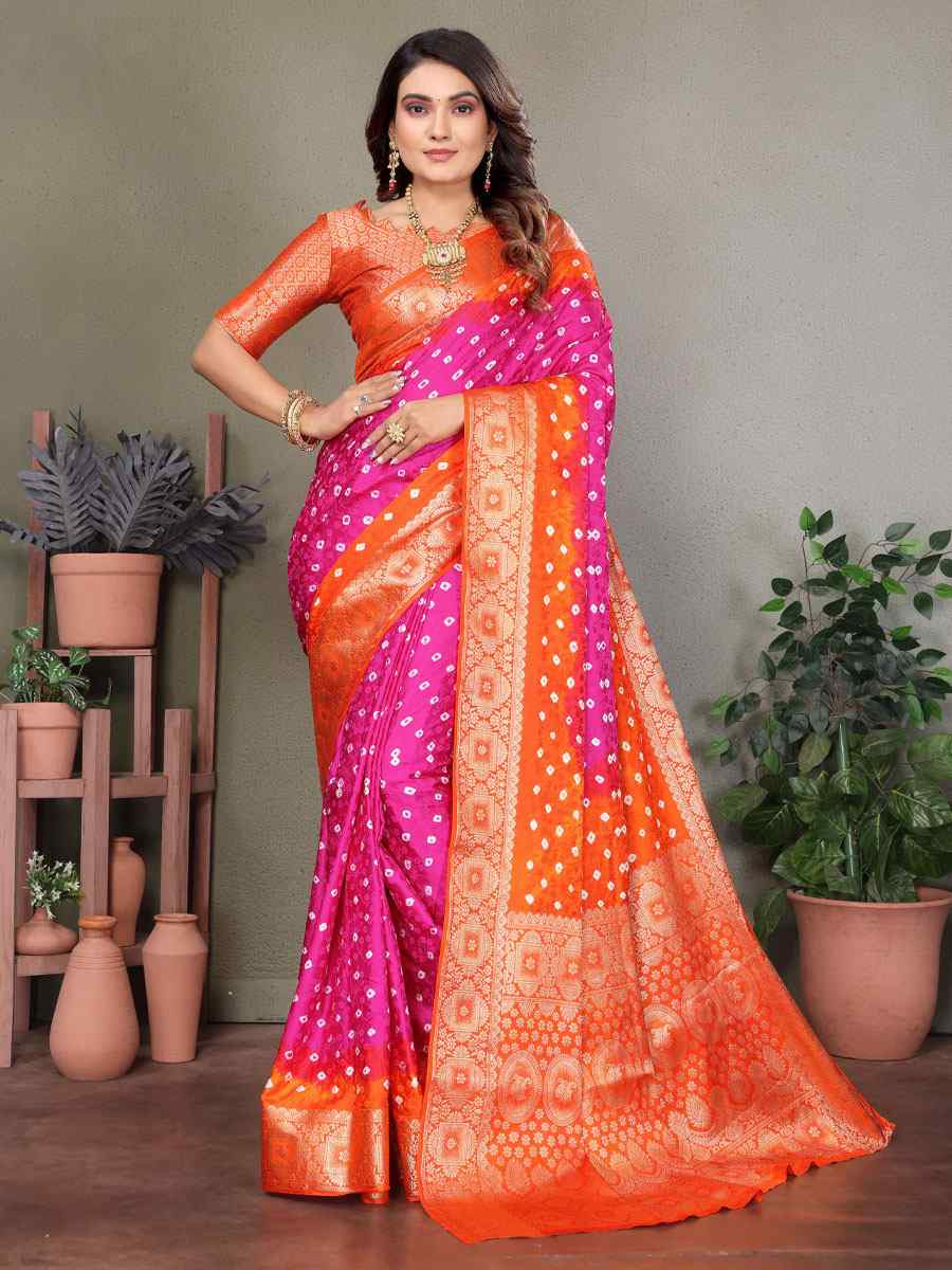 Multi Satin Silk Bhandej Zari Handwoven Casual Reception Festival Wedding Fancy Classic Style Sarees