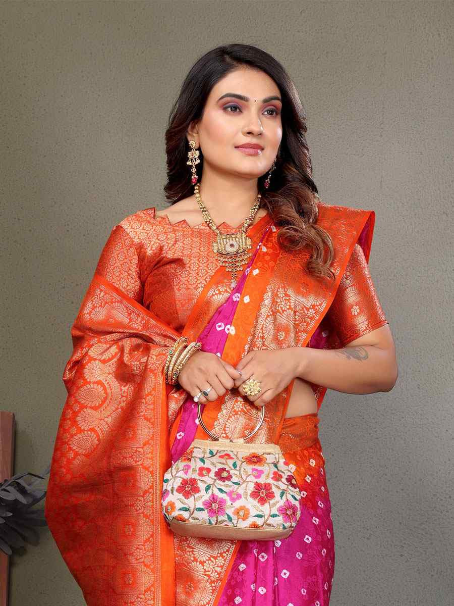 Multi Satin Silk Bhandej Zari Handwoven Casual Reception Festival Wedding Fancy Classic Style Sarees