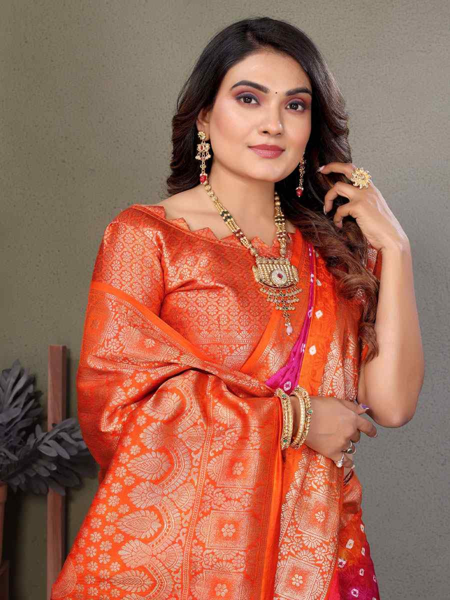 Multi Satin Silk Bhandej Zari Handwoven Casual Reception Festival Wedding Fancy Classic Style Sarees