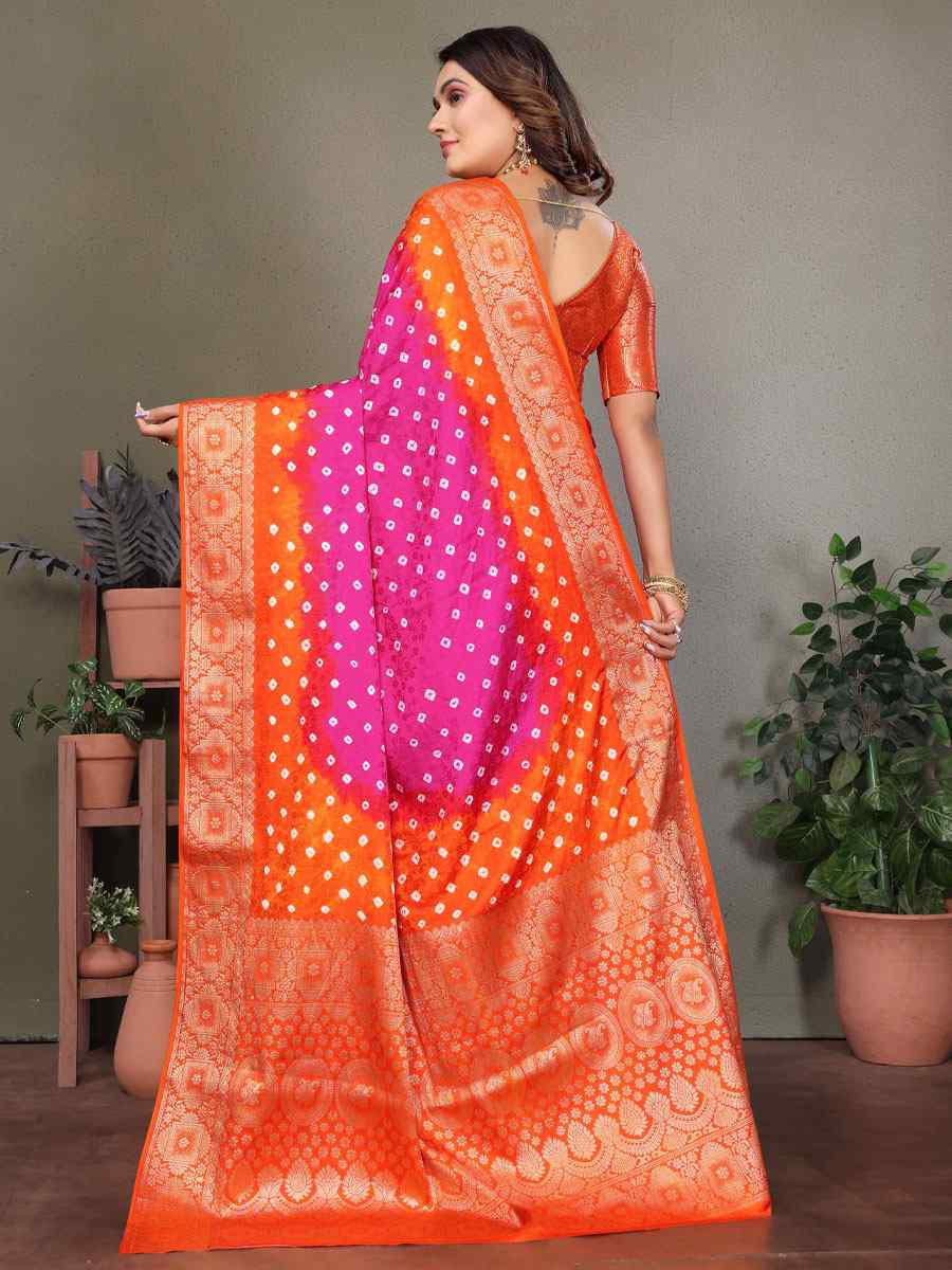 Multi Satin Silk Bhandej Zari Handwoven Casual Reception Festival Wedding Fancy Classic Style Sarees