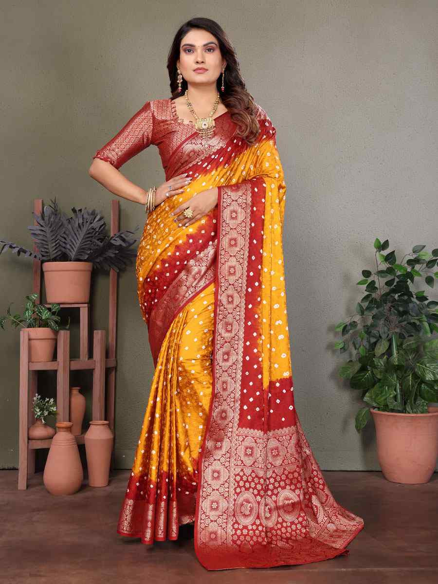 Multi Satin Silk Bhandej Zari Handwoven Casual Reception Festival Wedding Fancy Classic Style Sarees