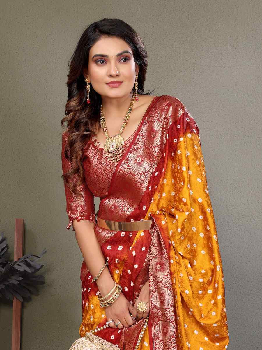 Multi Satin Silk Bhandej Zari Handwoven Casual Reception Festival Wedding Fancy Classic Style Sarees