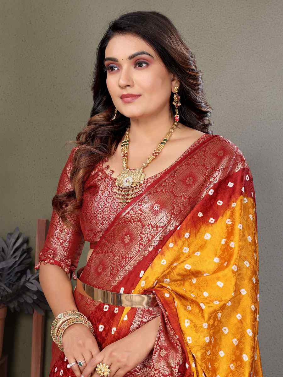 Multi Satin Silk Bhandej Zari Handwoven Casual Reception Festival Wedding Fancy Classic Style Sarees