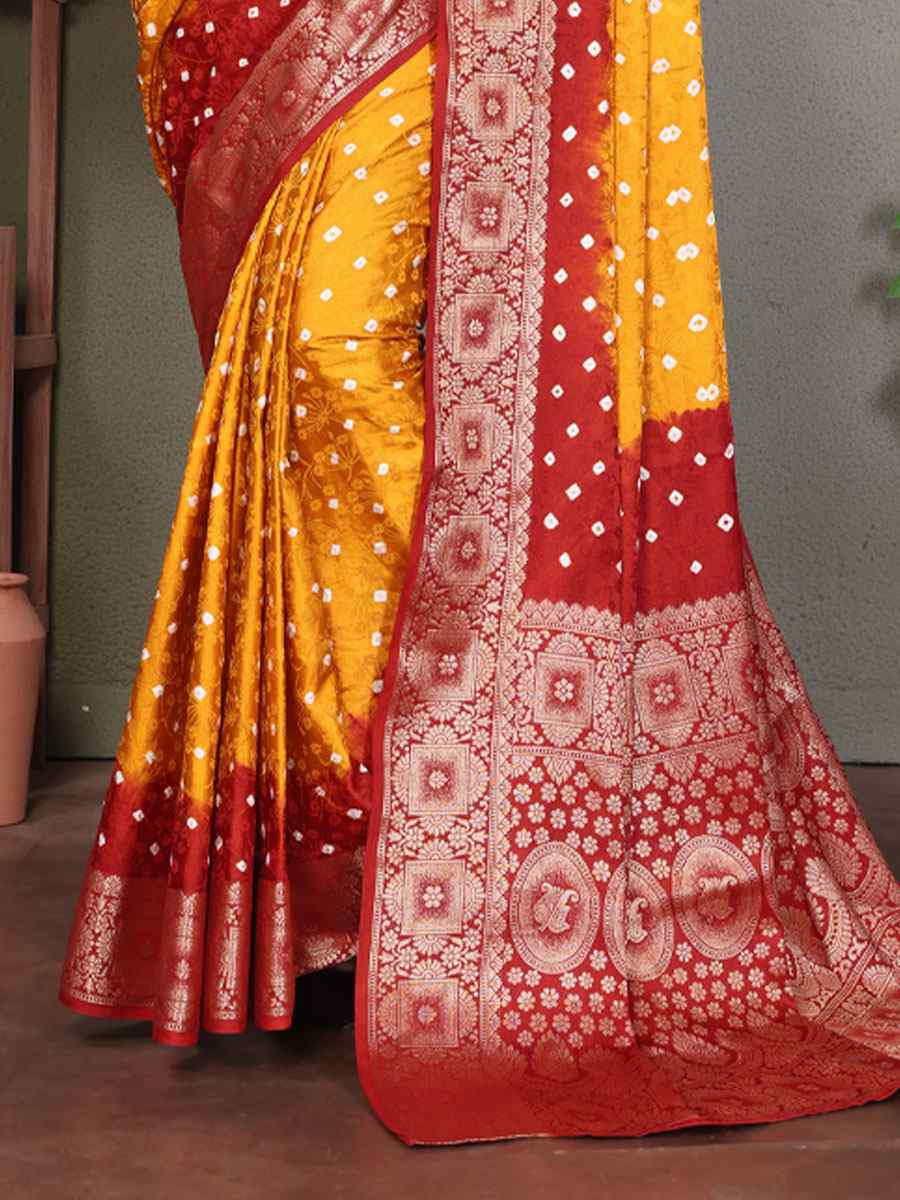 Multi Satin Silk Bhandej Zari Handwoven Casual Reception Festival Wedding Fancy Classic Style Sarees