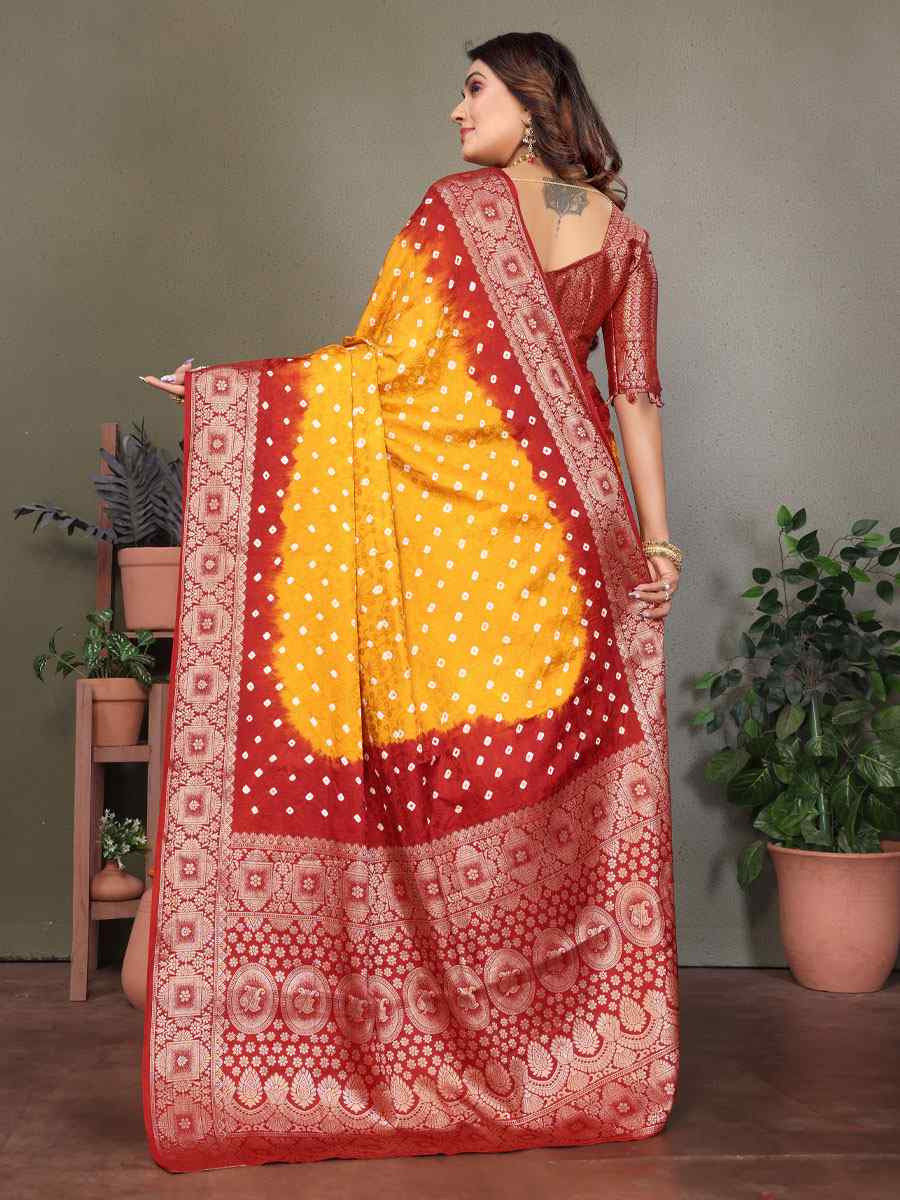 Multi Satin Silk Bhandej Zari Handwoven Casual Reception Festival Wedding Fancy Classic Style Sarees