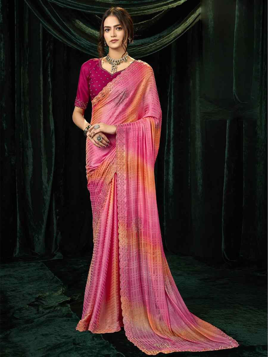 Multi Satin Silk Embroidery Traditional Bridal Reception Festival Wedding Fancy Heavy Border Sarees