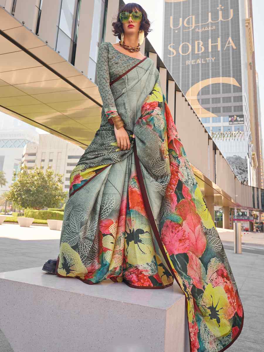 Multi Satin Silk Printed Casual Festival Contemporary Saree