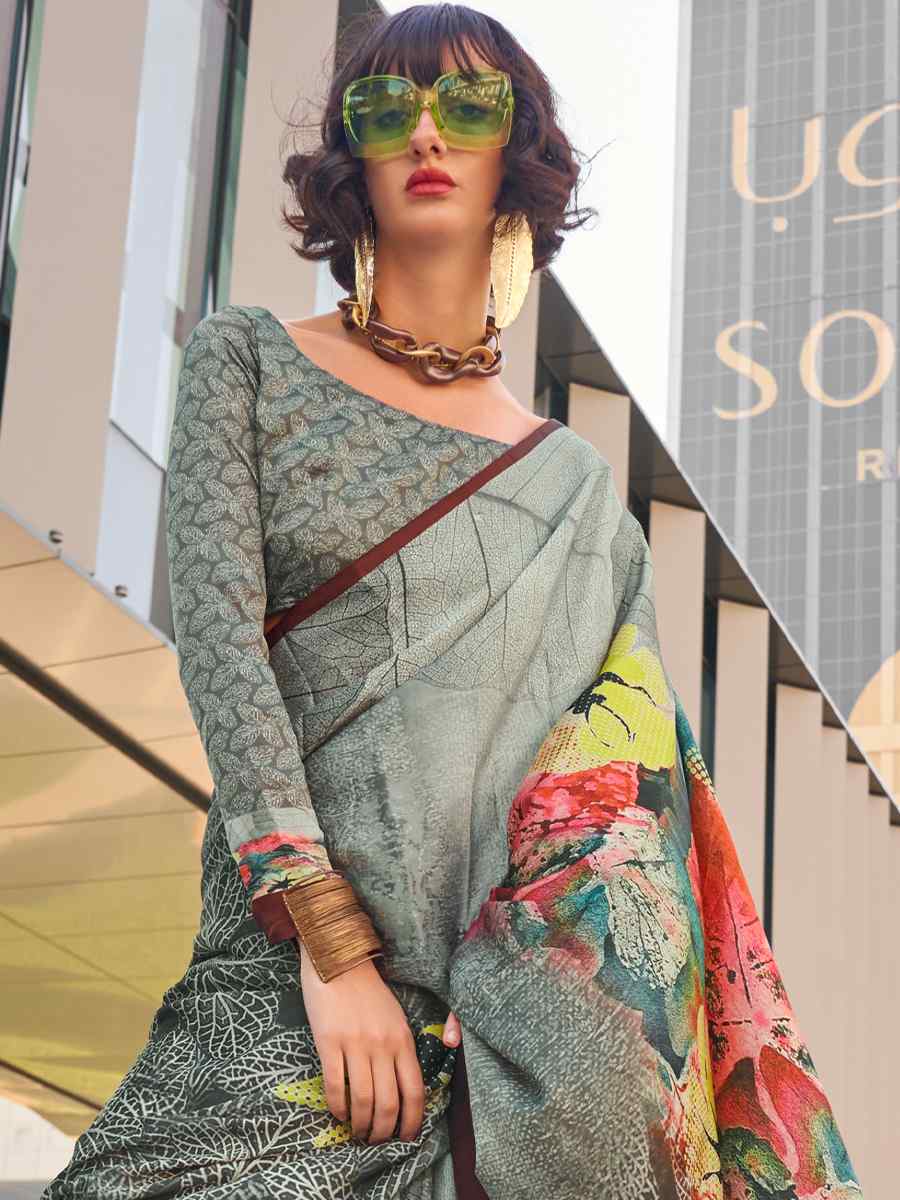 Multi Satin Silk Printed Casual Festival Contemporary Saree