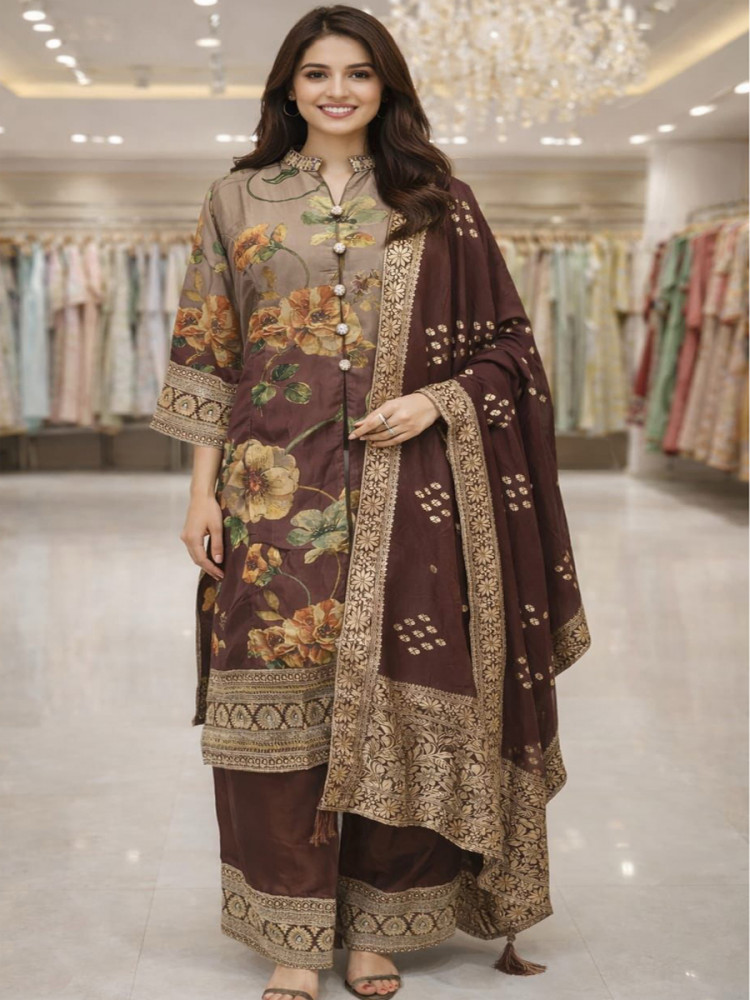 Image of Multi Silk Blend Embroidery Party Wedding Festival Casual Printed Ready Palazzo Pant Salwar Kameez