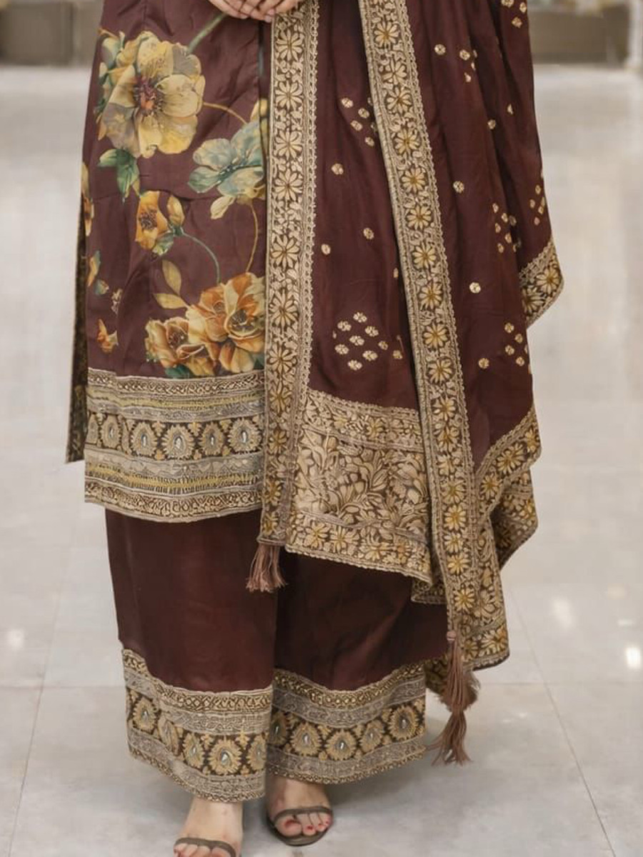 Multi Silk Blend Embroidery Party Wedding Festival Casual Printed Ready Palazzo Pant Salwar Kameez