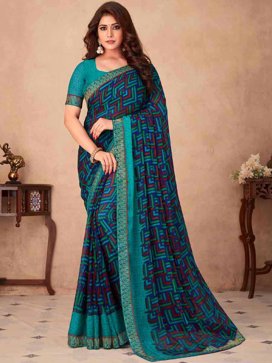 Multi Silk Chiffon Printed Party Festival Contemporary Saree