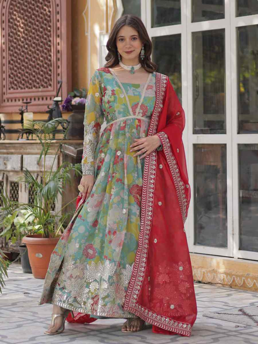Multi Silk Embroidered Festival Party Gown