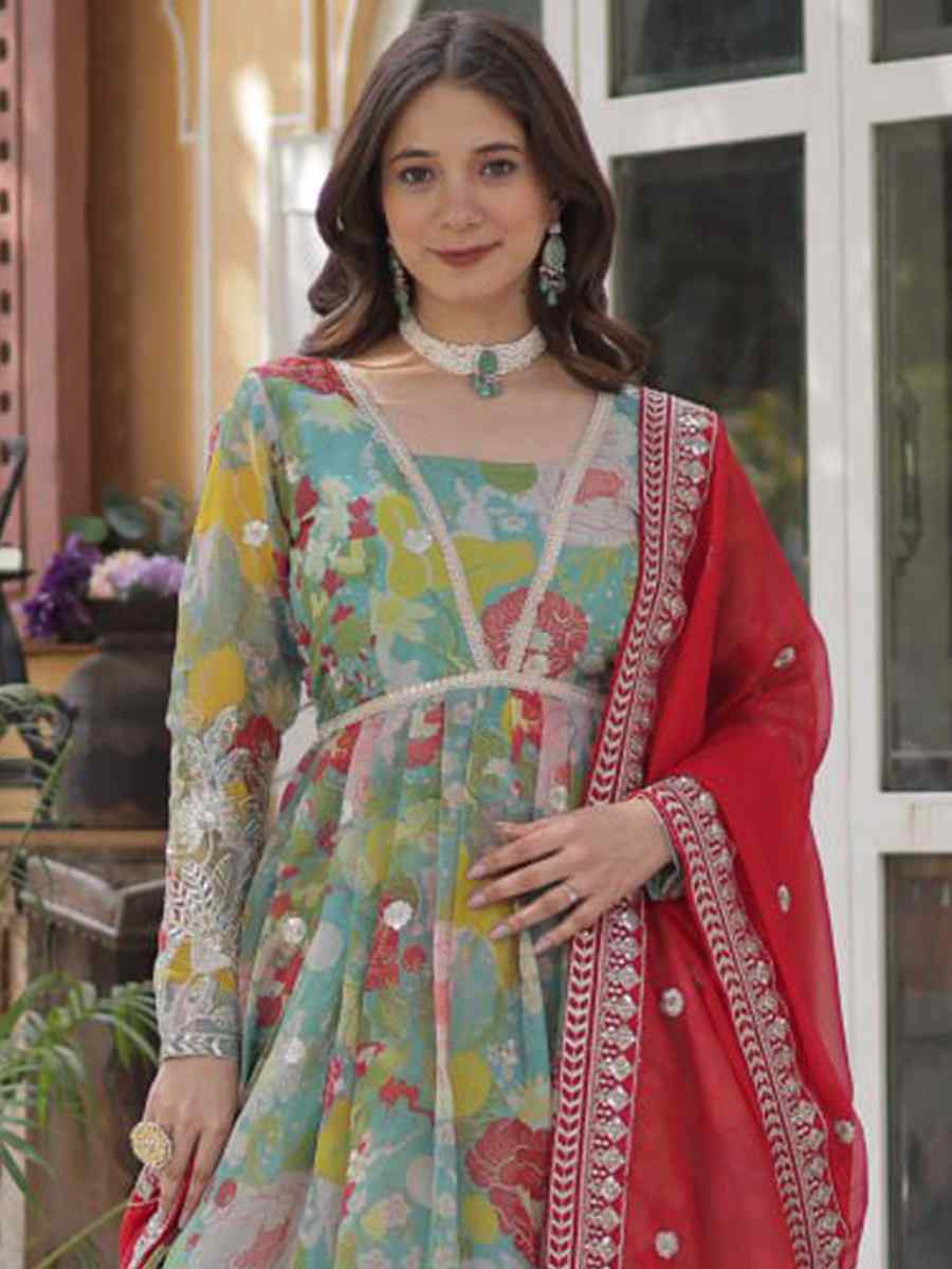 Multi Silk Embroidered Festival Party Gown