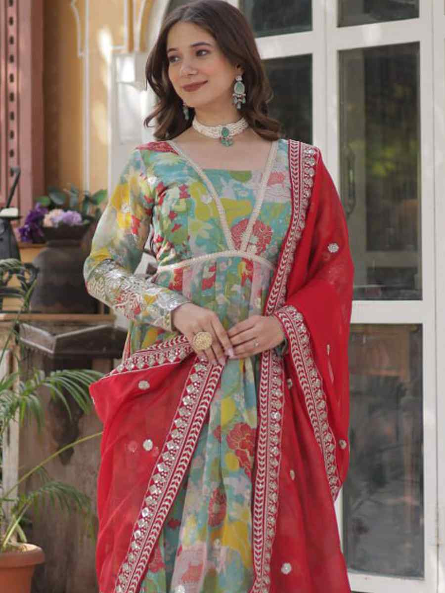 Multi Silk Embroidered Festival Party Gown