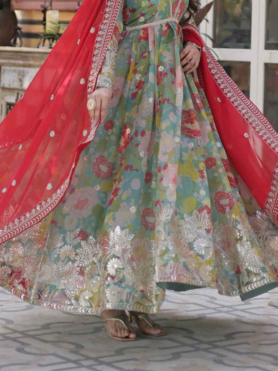 Multi Silk Embroidered Festival Party Gown
