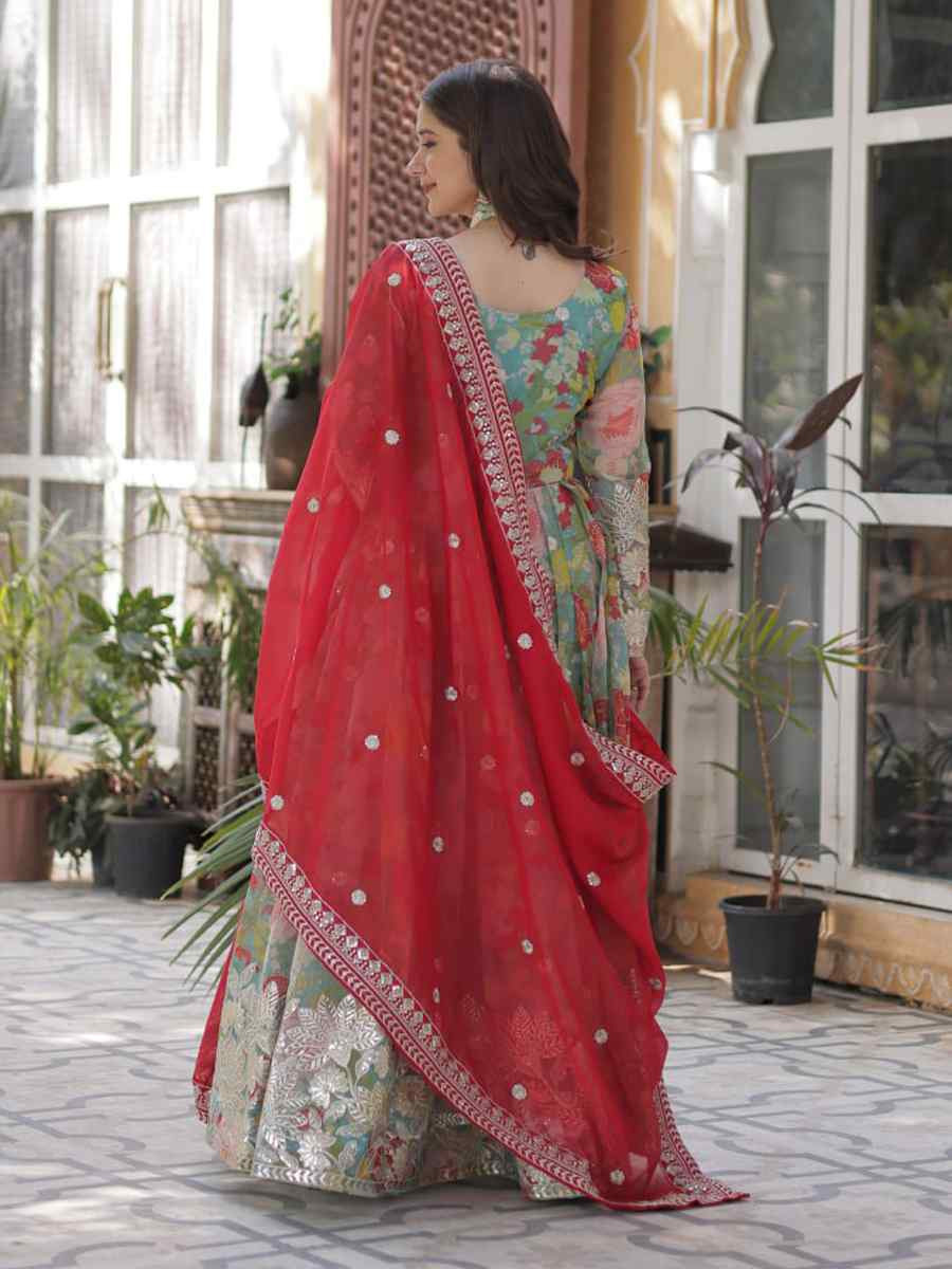 Multi Silk Embroidered Festival Party Gown