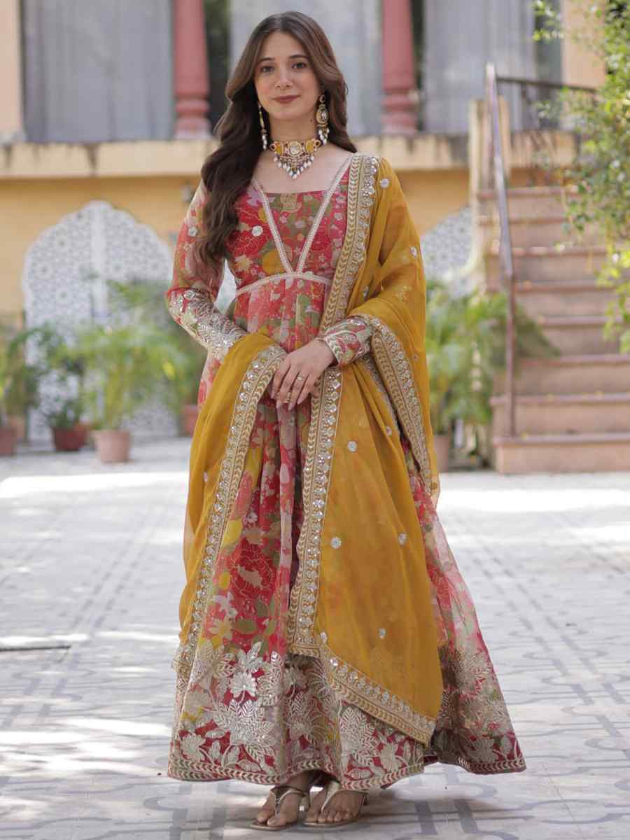 Multi Silk Embroidered Festival Party Gown